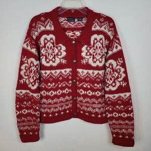 VTG Andrea Viccaro Cardigan Red White Floral Wool Blend Womens M Sweater